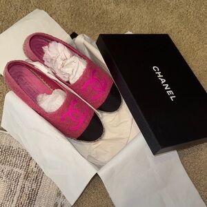 CHANEL Hot Pink Bouclé Espadrilles with Black Toe Cap